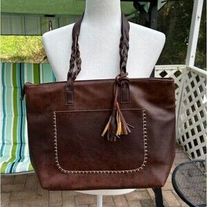Julia Kays Brown Faux Leather Vegan Large Tote Bag Purse Fringe Braided Handle
